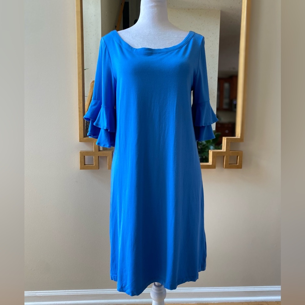 Lilly Pulitzer Lula Shift Dress Sz M Coastal Blue Ruffle Sleeve Detail